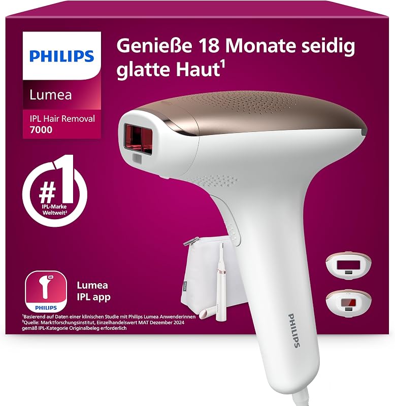 Lumea IPL 7000 Series - IPL Geräte Haarentfernung für bis zu 18 Monaten seidig-glatte Haut¹ mit 2 Aufsätzen für Körper & Gesicht, Alternative zur Laser-Haarentfernung (BRI921/00)