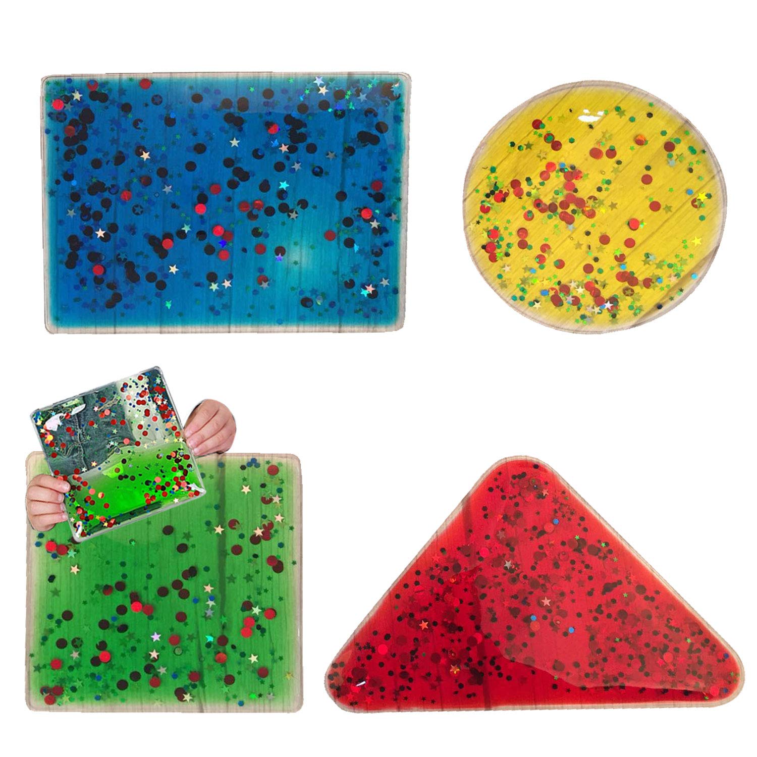Sensory Gel Shapes with Glitter & Colourful Liquid, Squidgy Jelly Fidgeting Toy, Lie on Light Table or Handheld (4 Pack)
