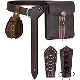 Renaissance Medieval Belt Pouch Set - Viking Accessories with Waist Bag, Purse & Leather Bracers for Halloween, LARP (Brown)
