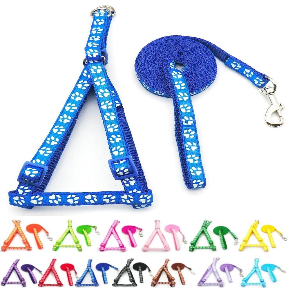 Small Dog Puppy Pet Cat Kitten Harness and Lead Set Pawprint Design Nylon Adjustable Chest Size 21-34cm and 120cm Leash Blue