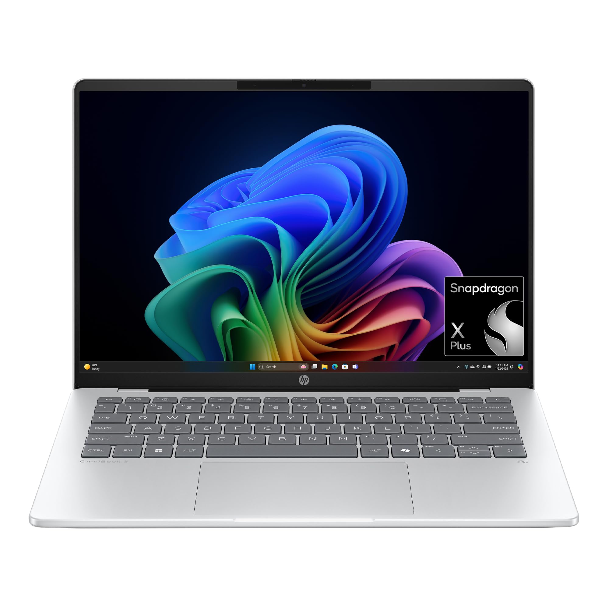 Photo 1 of HP OmniBook 5 14 inch Next Gen AI PC, OLED Display, Snapdragon X Plus X1P-42-100, 16 GB RAM, 1 TB SSD, Qualcomm Adreno GPU, Windows 11 Home, Copilot+ PC, Glacier Silver, 14-he0099nr