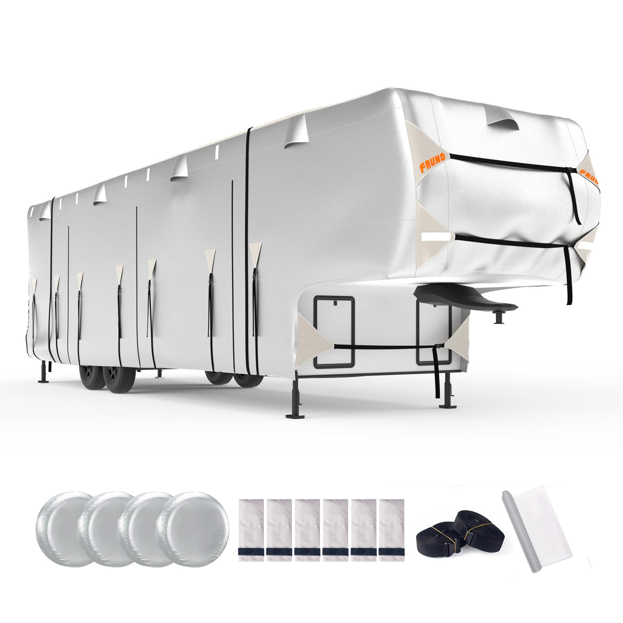 Photo 1 of FRUNO Oxford Fabric 5th Wheel RV Cover Fits 33'-37' Waterproof Rip-Resistant Anti-UV Fifth Wheel Toy Hauler Camper Cover for Winter Snow with 4 Tire Covers and Gutter Covers