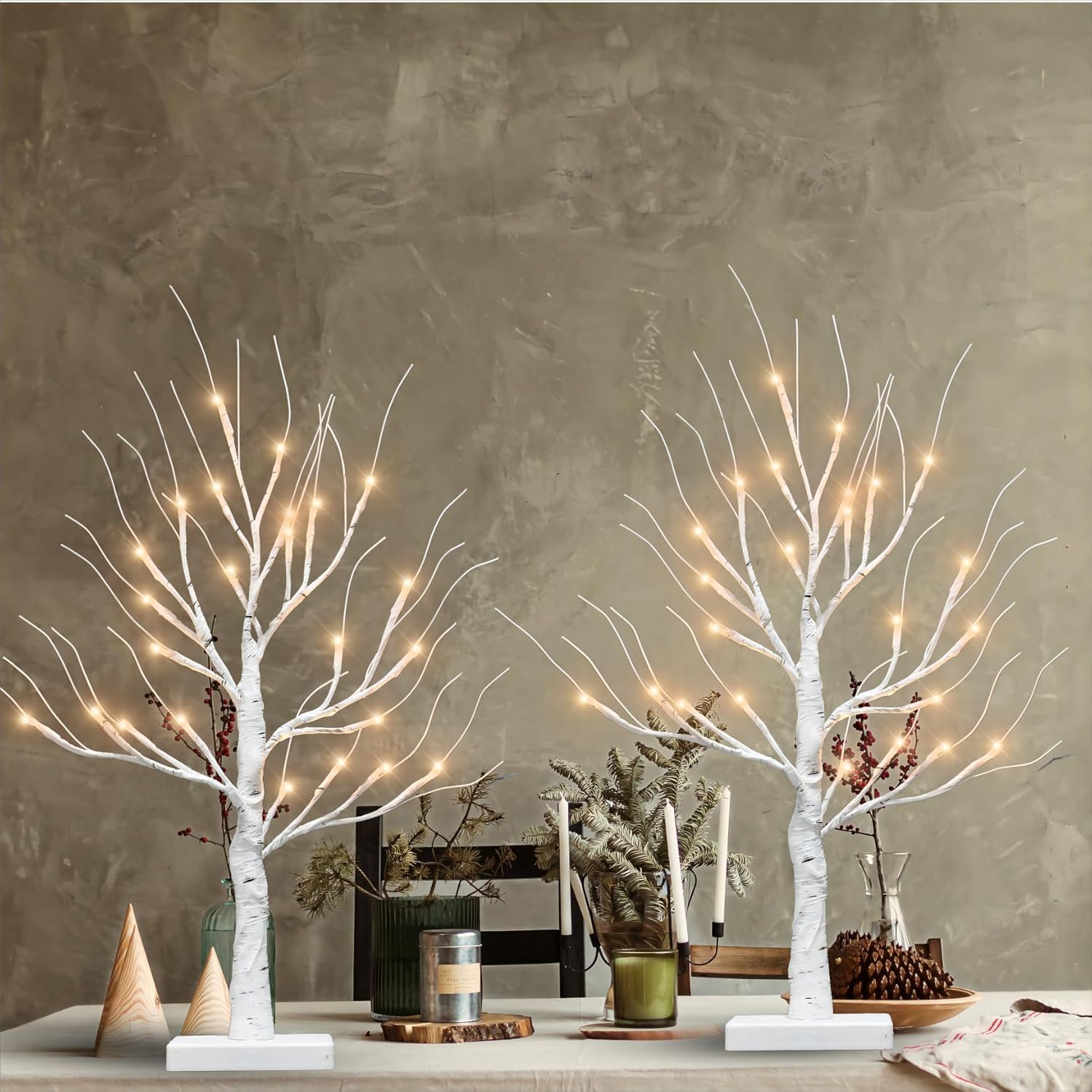 2 Pack Lighted Birch Twig Tree with Warm White Lights 24 LED Lights for Indoor Outdoor Thanksgiving Christmas Easter Decoration Party Wedding (2FT/60CM)