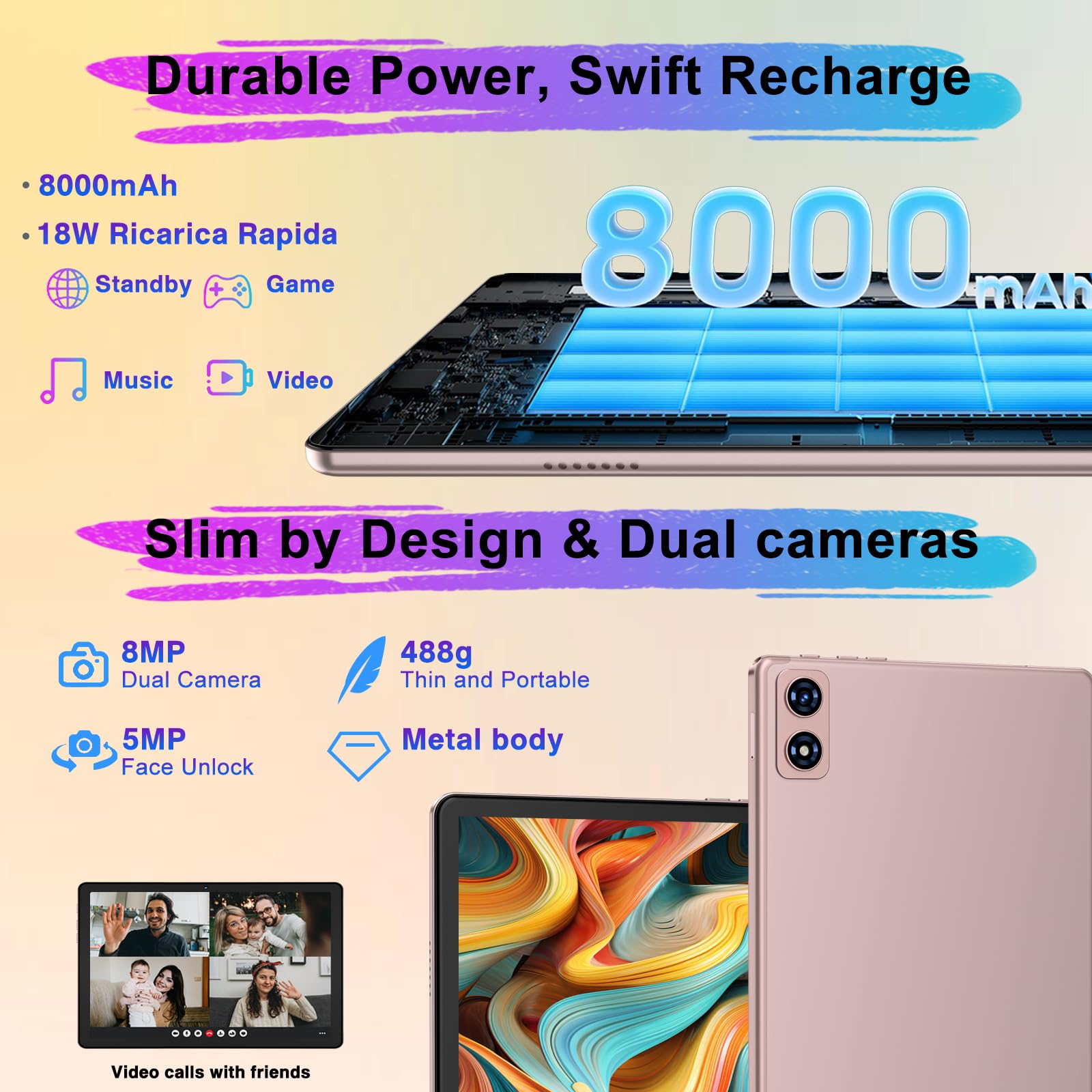 Dghrti 2025 Android 14 Tablet, 22G+128G/1TB Expansion, 10 inch Tablets with 8000 mAh Battery, Octa-Core, GPS, Split-Screen, Face Unlock, 2 in 1 Tablet with Keyboard, Mouse, Case, Rose Gold
