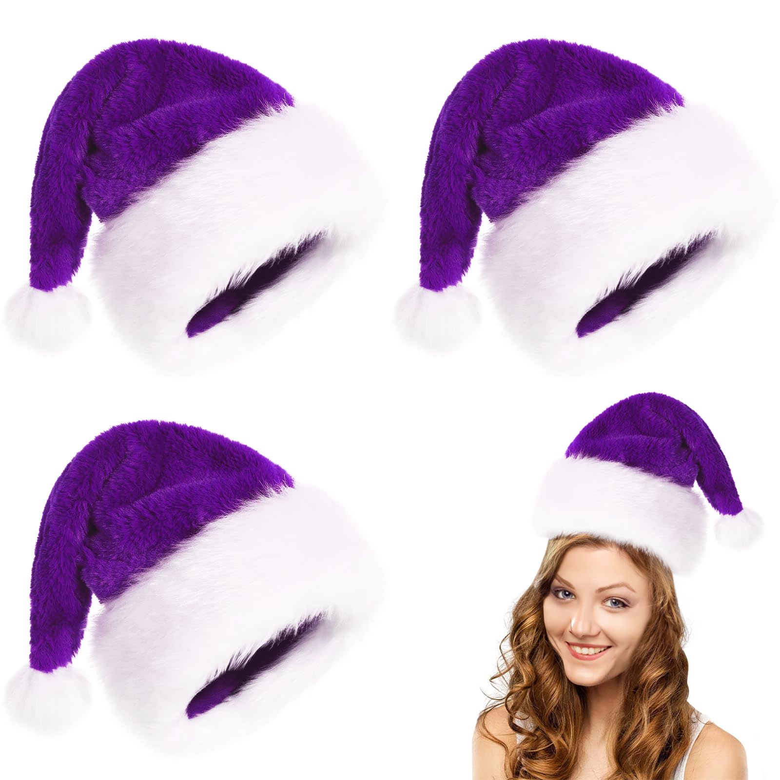 POPOYU 3Pcs Purple Christmas Hats for Adults,Luxury Santa Hats Plush Christmas SantaClaus Hat,Fancy Dress Santa Costume,Velvet Comfy Santa Outfit for New Year Xmas Party Supply