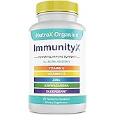 All-in-One Organic Immune Support Supplement 60 Vegan Capsules - Elderberry 500mg, Ashwagandha 500mg, 400mg Vitamin C and Zinc - Vitamin D3 - Immune Boosters for Adults