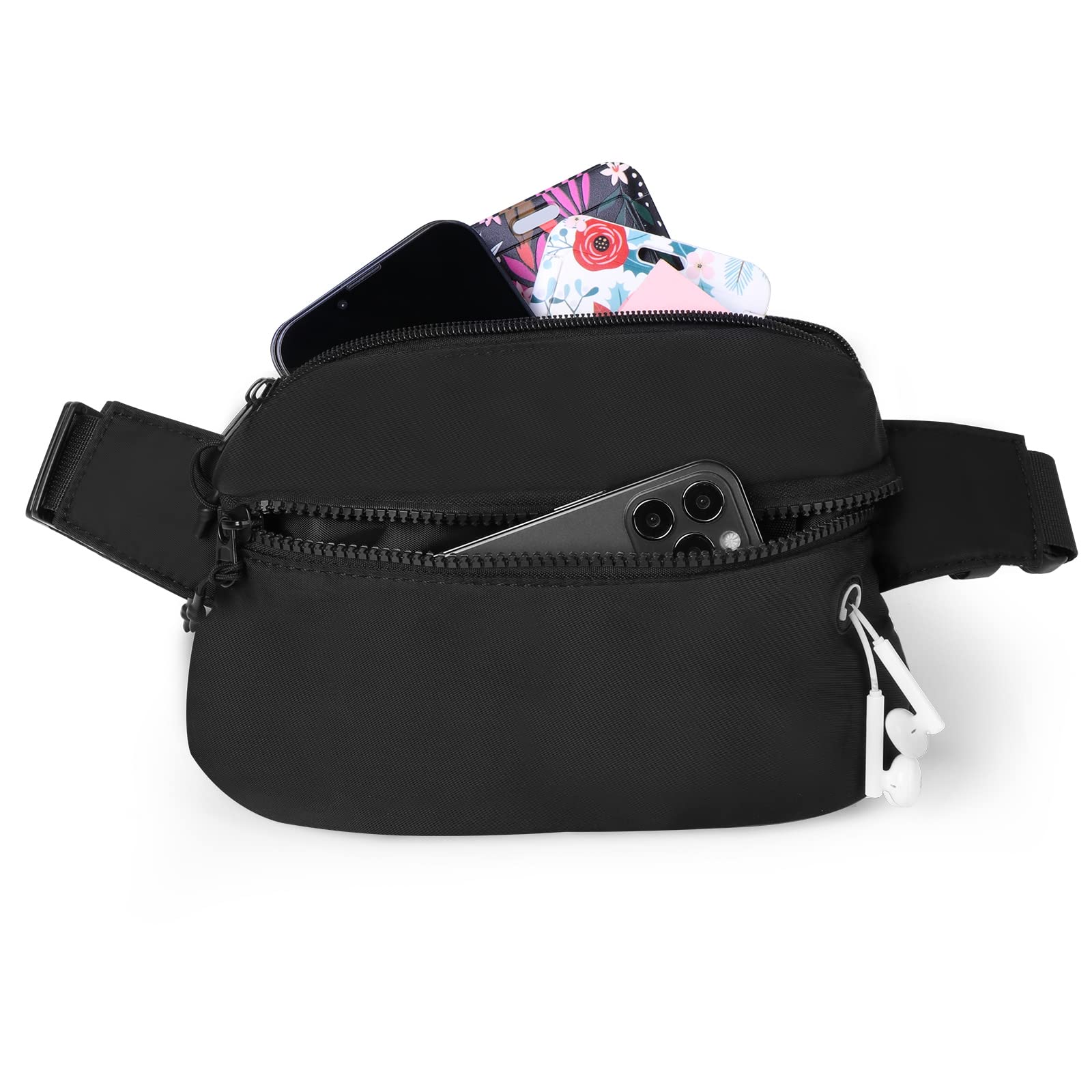 Vinabo Men's and Women's Waterproof Bum Bag with Headphone Jack and 2 Pockets, Chic Waist Bag, Adjustable Belt for Outdoor Training, Hiking, Camping, Black, One Size, Black, Standard Size, Fashion
