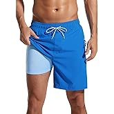 SILKWORLD 7 Inch Mens Swim Trunks with Compression Liner Quick-Dry Bathing Suit with Zipper Pockets