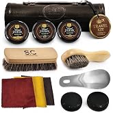 Stone and Clark Compact Travel Size Leather Shoe Shine Kit for Men &amp; Women | Complete set: 2 wooden horsehair brushes, 3 wax polishes, buffing cloth, shoe horn, shine sponges in a PU leather travel case