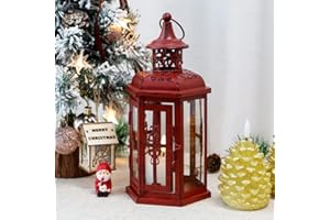 JHY DESIGN Decorative Candle Lantern 10“H Vintage Hanging Lantern Metal Candleholder for Indoor Outdoor Events Parities and Weddings (Red with Black Brush)