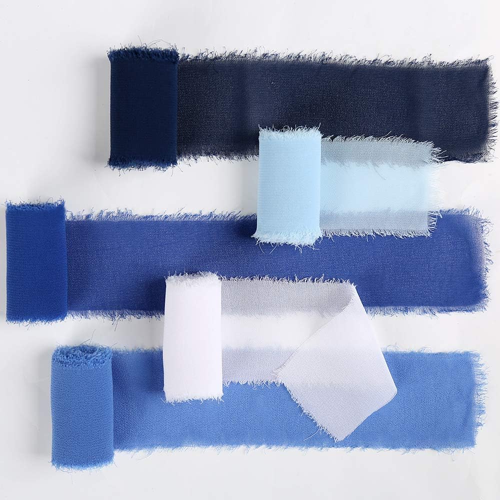 QueenDream Silk Ribbon Handmade Fringe Chiffon-Hand-Dyed Silk Ribbon 1.5 Yd 5 Rolls Set Blue Suit Chiffon Ribbon for Wedding Bridal Bouquet,Invitations, Wedding Photography Styling