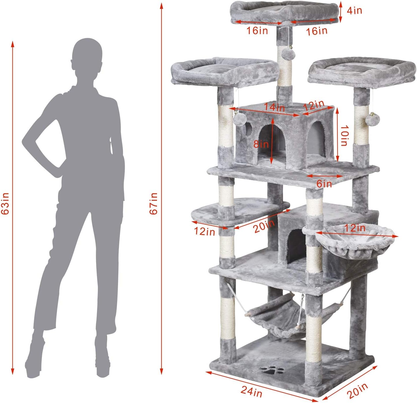 MQ Multi-Level Cat Tree, Activity Center Cat Tower Furniture 67" with Sisal-Covered Scratching Posts 3Pcs Padded Plush Perches Dual Condo & Basket Removable Hammock for Adult Large Small Cats (Gray) : Pet Supplies
