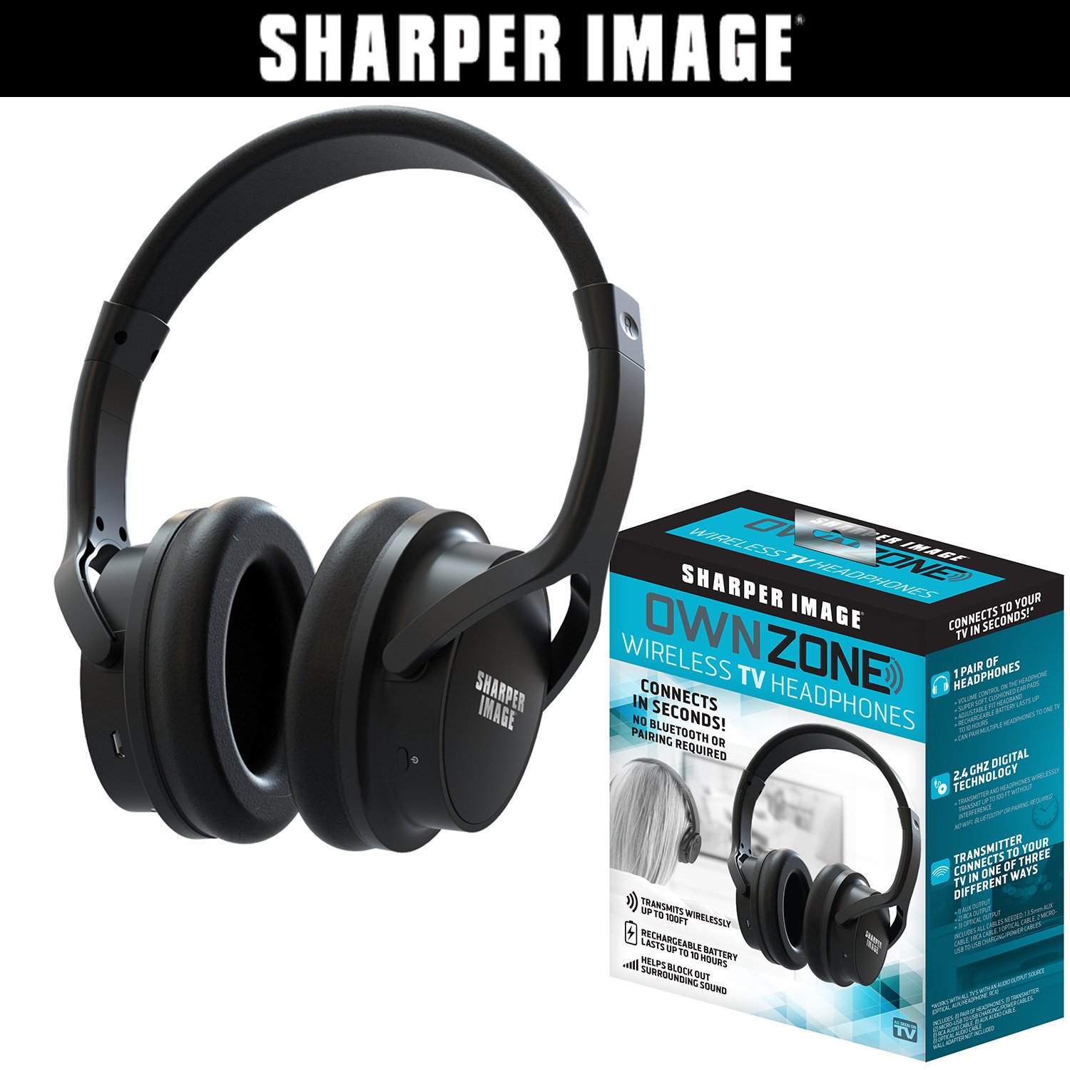 Sharper Image OWN Zone Wireless Rechargeable TV Headphones- RF Connection,  2.4 GHz, Transmits Wirelessly up to 100ft, No Bluetooth Required, AUX, RCA,  ...