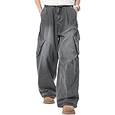Vamtac Mens Baggy Jeans Denim Cargo Pants Casual Vintage Washed Jean Elastic Waisted Wide Leg Trousers with Pockets