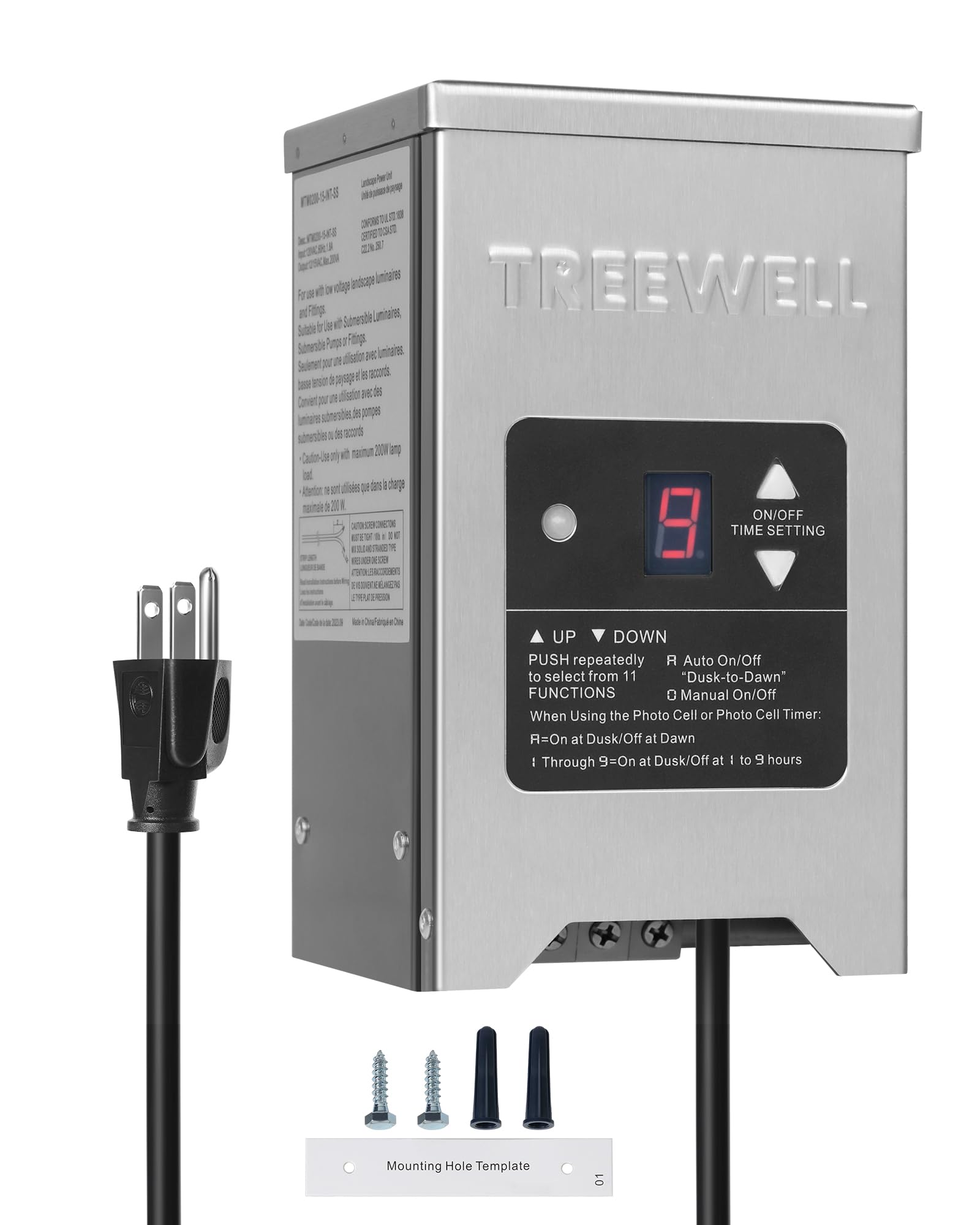 Photo 1 of TREEWELL 200W Low Voltage Landscape Transformer, Outdoor Landscape Lighting Transformer with Photocell Sensor & Timer, 120V AC to 12V/15V AC, Stainless Steel Weatherproof Transformer