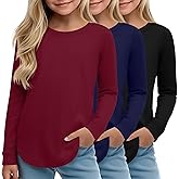 LessonZoo 3 Pack Girls Long Sleeve T Shirts, Kids Casual Crew Neck Shirts Soft Curve Hem Tees Loose Fit Basic Tunic Tops