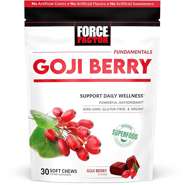 FORCE FACTOR GOJI BERRY SOFT CHEWS SUPERFOOD ANTIOXIDANTS SUPPLEMENT TO SUPPORT HEALTHY EYES AND SKIN, IMMUNE HEALTH, AND INFLAMMATION, NON-GMO, GLUTEN-FREE, & VEGAN, GOJI BERRY FLAVOR, 30 SOFT CHEWS