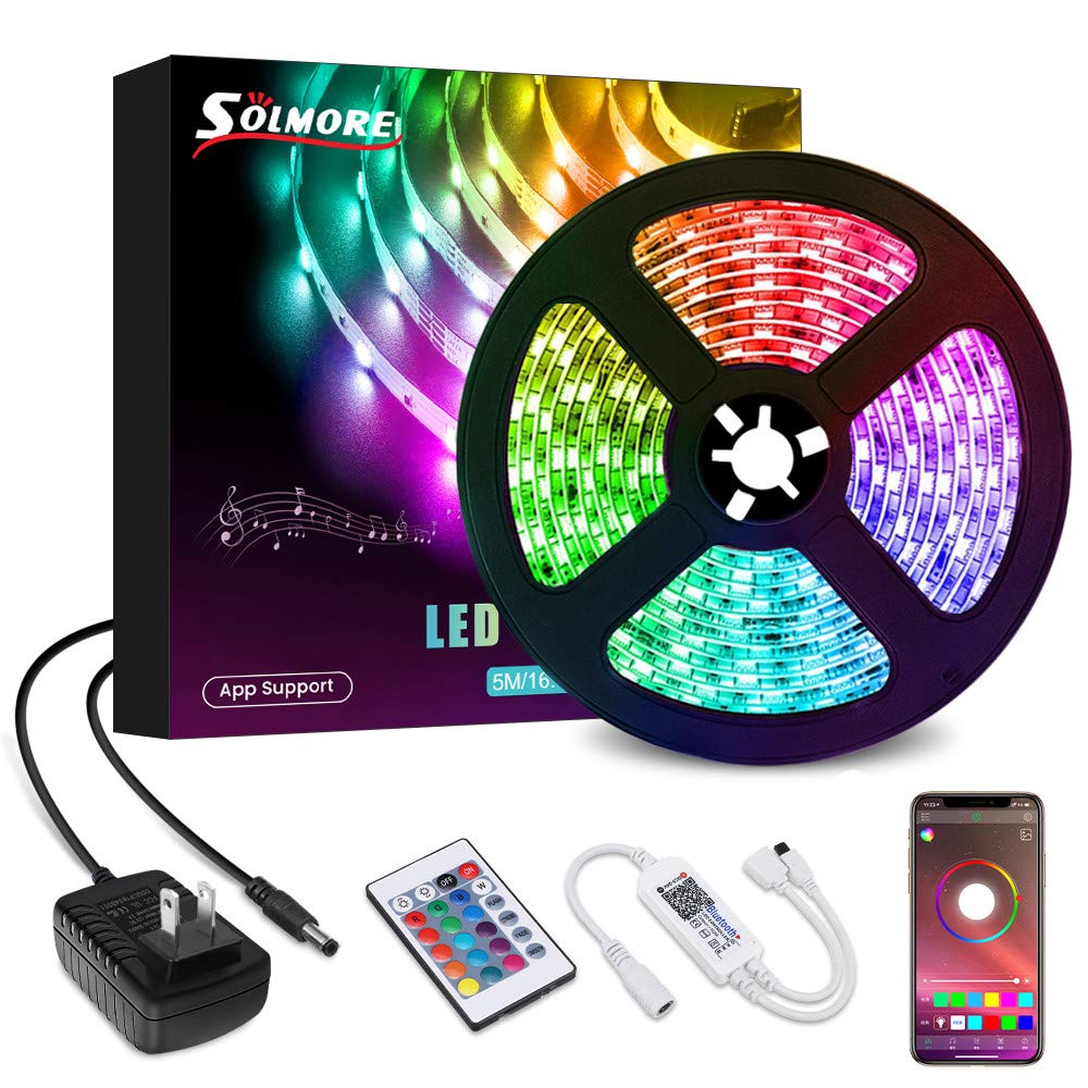 LED Strip Lights 16.4Ft,SOLMORE Bluetooth RGB LED Strip Music Sync Color Changing LED Lights Strips 24-Key Remote DIY Color Options RGB LED Strip Lights APP Controlled for Room Ceiling Under Cabinet