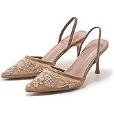 ATBELL Embroidered Mesh Slingback Heels for Women White Pearl Kitten Heel Pumps Pointed Toe Backless Wedding Shoes