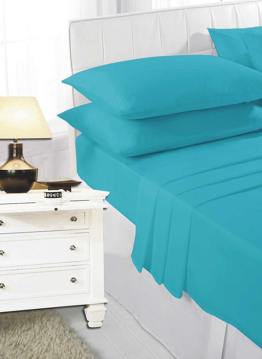 100% Poly Cotton 4 PCs Sheet Set Includes Fitted Sheet, Flat Sheet, Pillow cases - Easy Care Non-Allergic 100% Poly Cotton, Single Double King Super King (Teal, Super King)