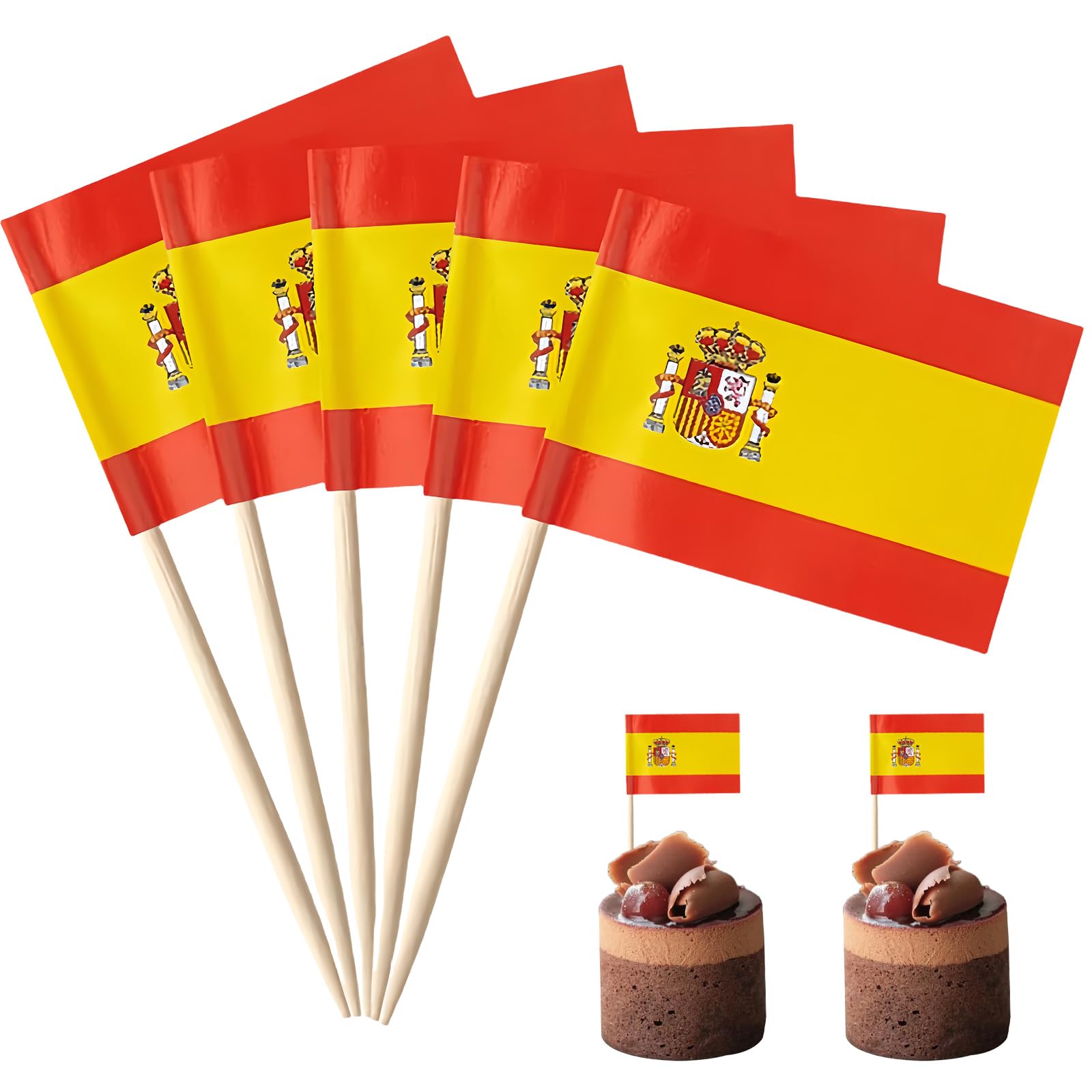 100Pcs Mini Spain Flag Toothpicks Cupcake Toppers,Spainish Flags Cocktail Sticks Wooden Cake Toppers Sandwich Decorations for Eurovision Party,Euros Football Game,Olympics 2024 Decorations