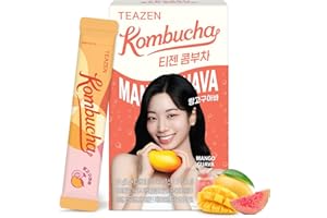 Teazen Kombucha Tea Mango Guava flavor, Zero Sugar, Sparkling Fermented Powdered Mix Beverage from Korea, Live Probiotics & P