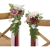 DreamBuilt 10 Burgundy Wedding Aisle Decorations | Chair Flowers for Aisle Decor, Church Pew Decorations, Eucalyptus and Ribbons, Party Decor