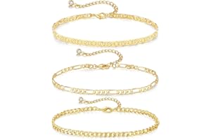 MAIBAOTA Gold Anklets for Women 14K Gold Plated Ankle Bracelets 3 Pcs Adjustable Layered Summer Beach Waterproof Anklets 8.6"+1.97" Foot Jewelry Gifts for Women