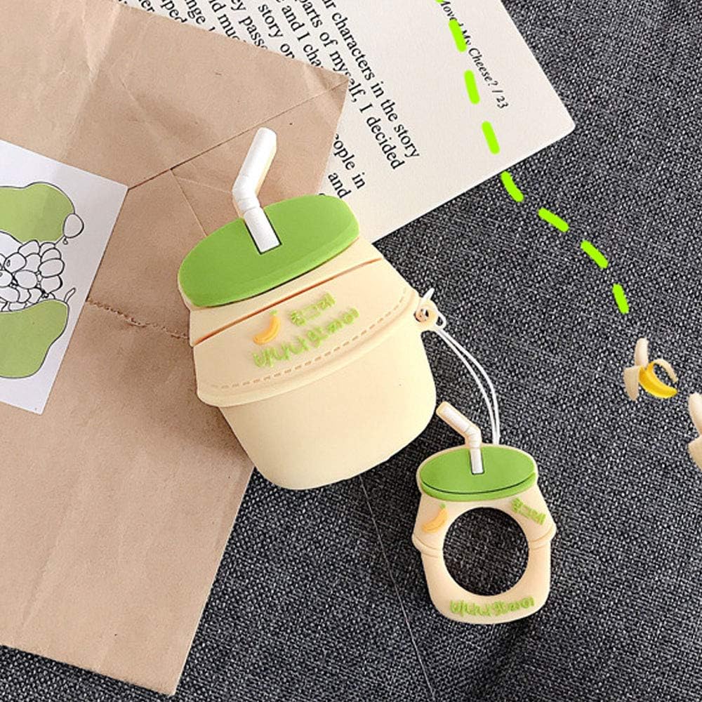 UR Sunshine AirPods Case, Super Cute Creative Drink Yogurt Bottle Shape Soft Silicone Case Cover Protective Skin for AirPods+Ring Lanyard-Creamy Banana