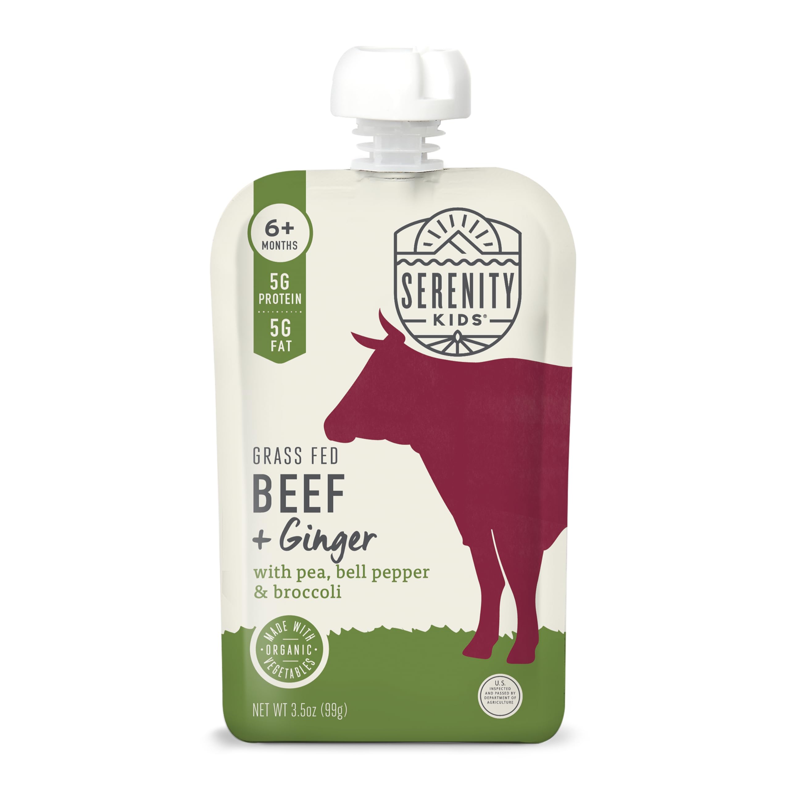 Photo 1 of *** BB16 oct 2025****Serenity Kids 6+ Months Beef & Ginger Baby Food Puree Pouches - Grass Fed Beef & Organic Peas, Bell Pepper & Broccoli - No Added Sugar & BPA-Free Pouches - 3.5 Oz, 6 Pack