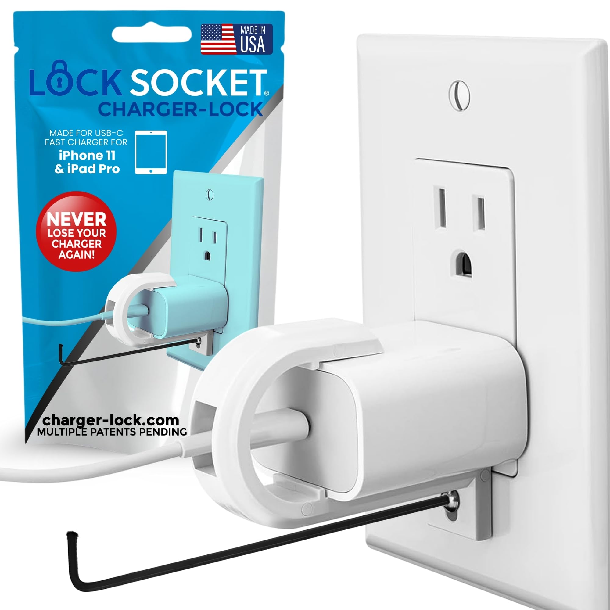 Lock Socket USB-C Fast Charger Lock- Anti Theft Chid-Safe. Firmly Secures iPhone Chargers from Unplugging w/Security Screw. for Apple iPhone 16/15/14/13/12/11/ X/MAX/XR, Made in USA