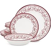 TUDOR Royal Collection 12-Piece Round Porcelain Dinnerware Set, Service for 4 with Dinner Plates, Bowls, and Salad Plates, Aster Pink Red Floral Design, High Gloss Finish, Durable & Premium Quality