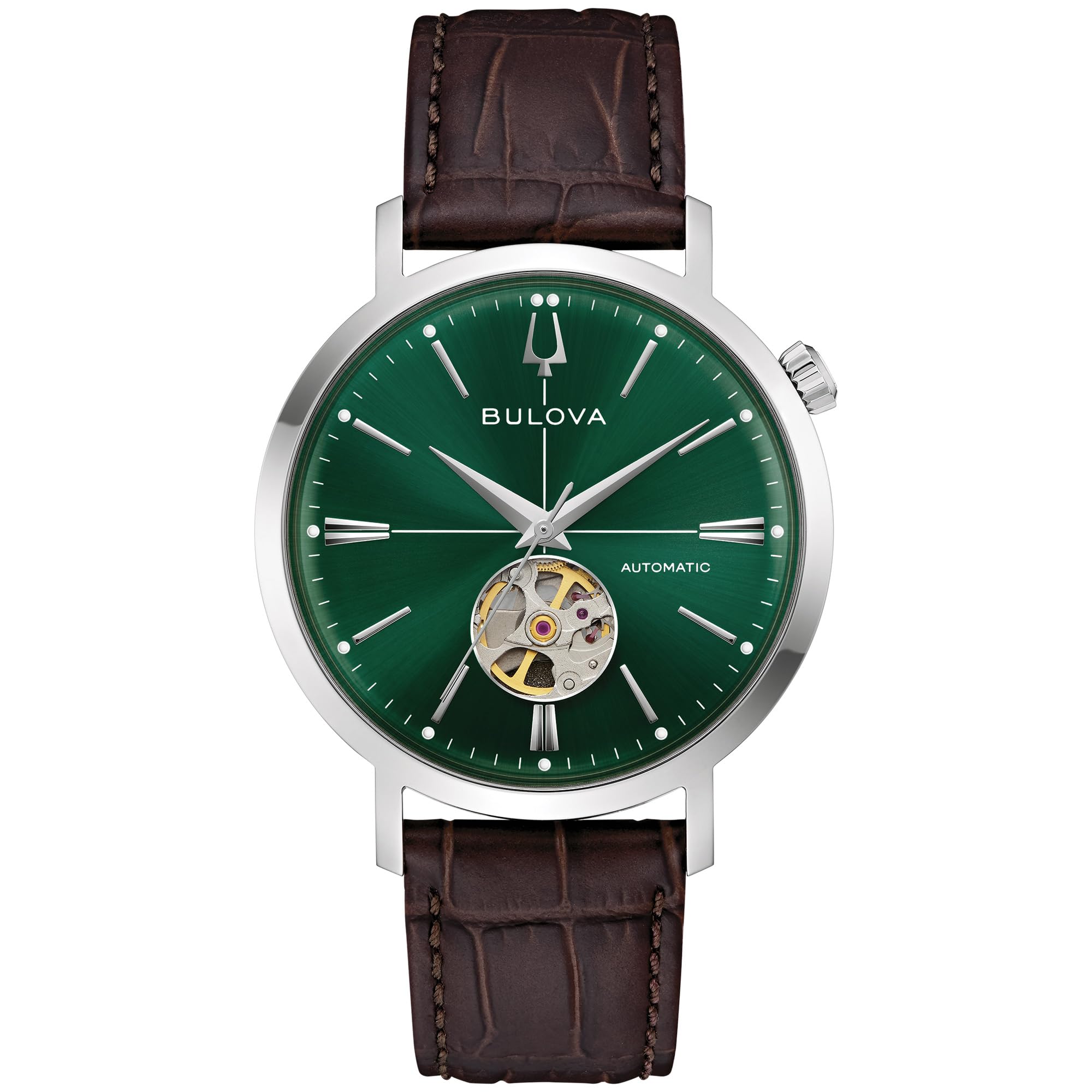 Bulova Men's Automatic Dress Classic Aerojet Watch,Brown Leather Strap, Green Dial, Hack Feature, 42 Hour Power Reserve (Style: 96A332) Image