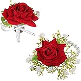 Tucnoeu 2pcs Artificial Red Rose Boutonniere and Corsage Set Corsage Wristlet Band for Prom Decor Wedding Party Flower Accessories