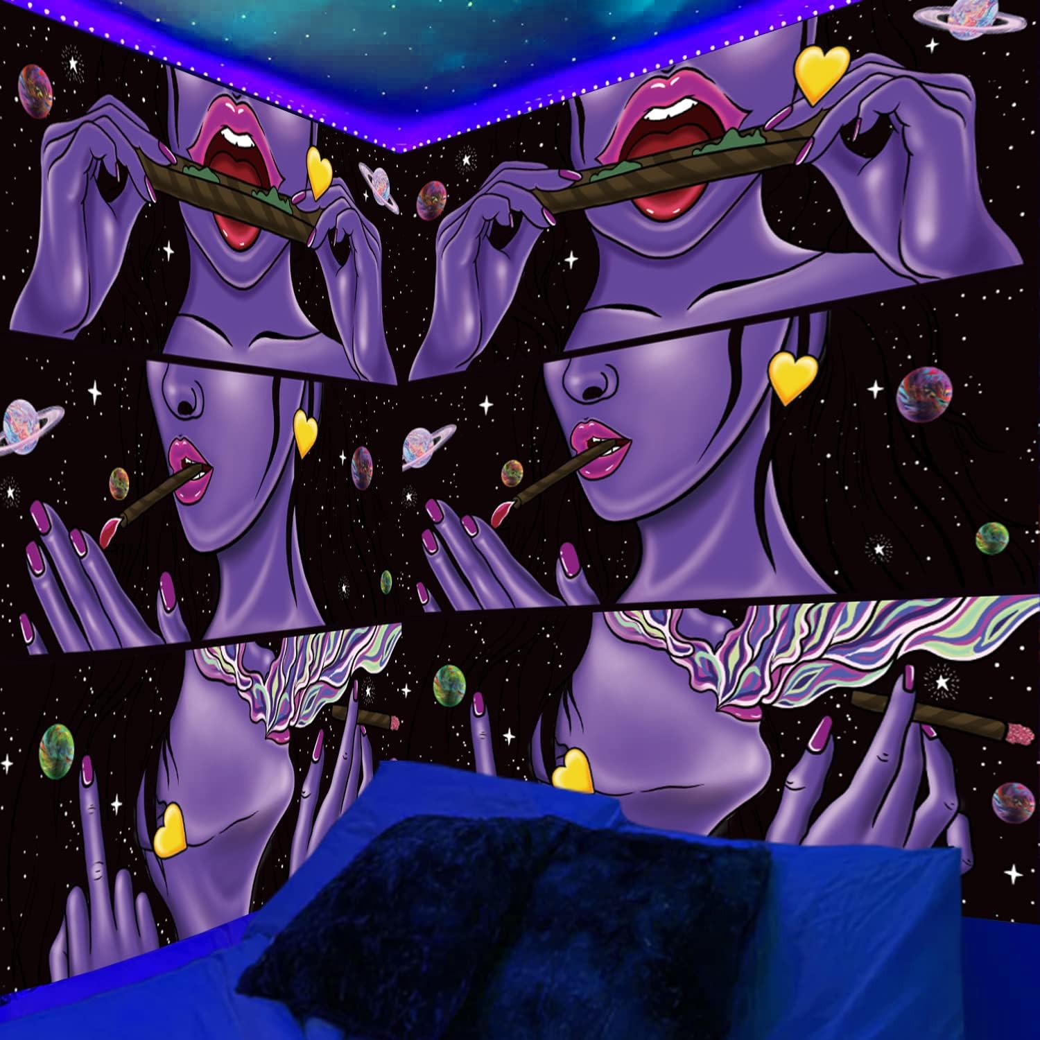 Tapestries - Hippie Hippy Wall Tapestry Trippy Smoke Cool Girl Weed Accessories Trippy Smoking Tapestry Weed Asf Poster Wall Tapestry for Bedroom Room Accessories Cannabis Smoke Tapestry Blacklight Tapestry Purple