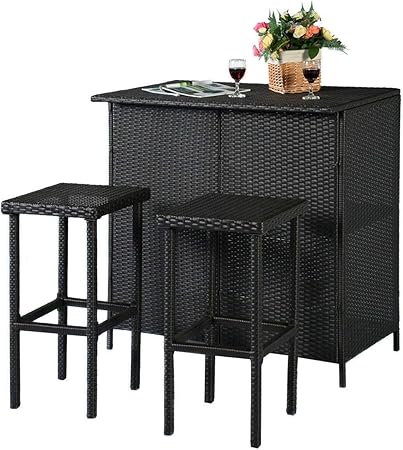 Amazon Com Rattan Wicker Bar Stool Chair Set Counter 1table 2