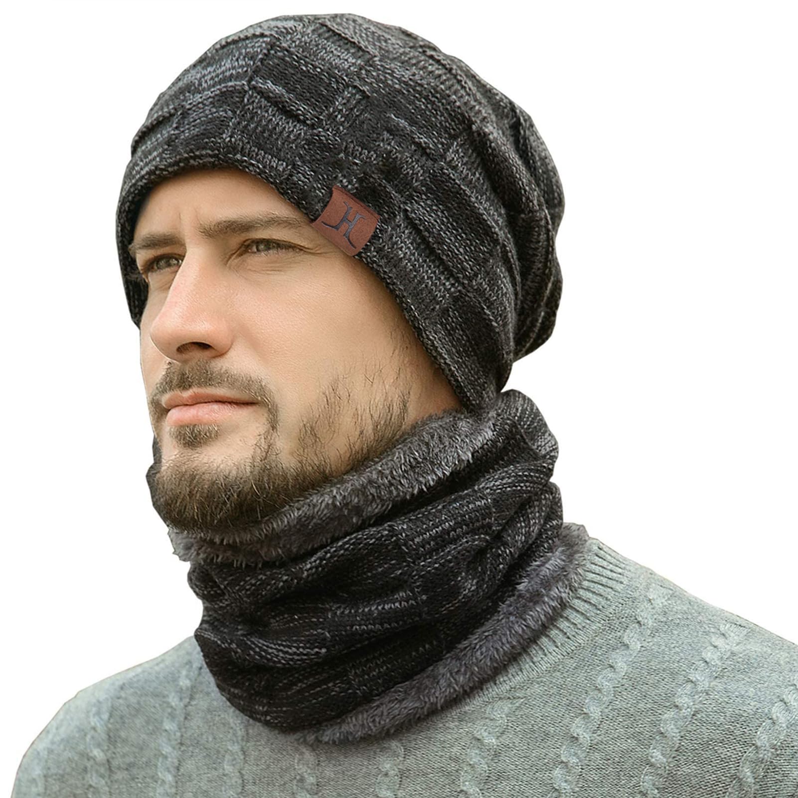 Bequemer Laden Mens Winter Beanie Hats Scarf Set Warm Knit Skull Cap Neck Warmer with Fleece Lined Winter Hat Gifts for Women Men