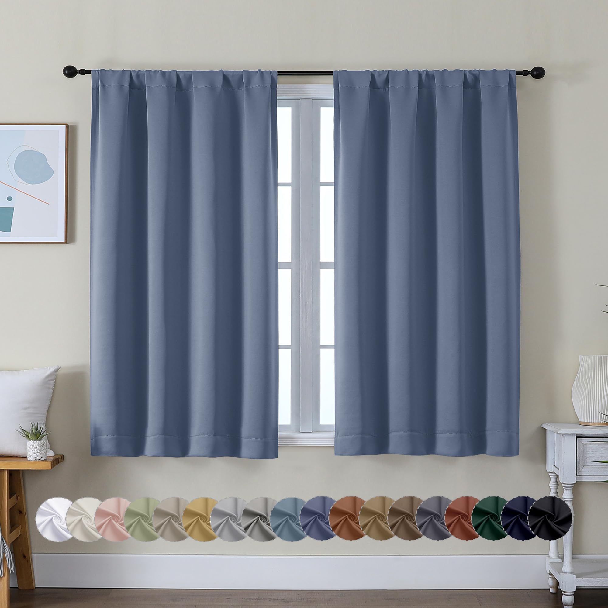 Photo 1 of Simplebrand Ava Denim Blue Short Blackout Curtains for Bedroom 45 Inches Long 2 Panels Set, Solid Thermal Insulated, Energy Saving Window Treatment Curtains Blackout Drapes, W40 x L45 Inch, Denim Blue