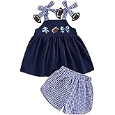 Dcohmch Baby Girl Summer Clothes Toddler Football Outfits Bow Straps Rugby Print Camisole Elastic Plaid Shorts Set