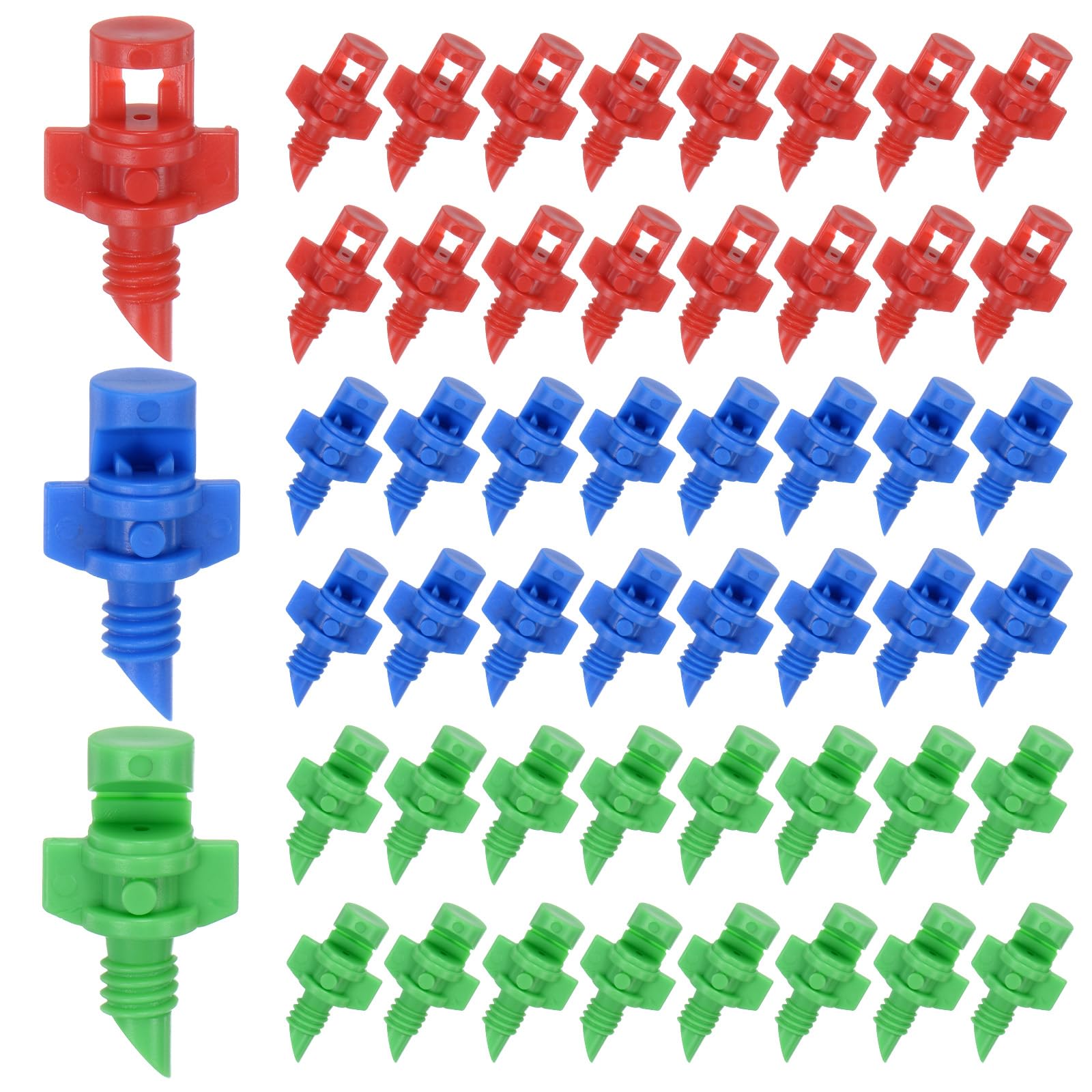 M METERXITY 150-Pack Misting Nozzles, 90/180/360 Degree Irrigation Emitter Sprinklers for Garden/Plant/Lawn Water Irrigation System Barbed Refraction Atomizing Dripper [Blue/Green/Red]