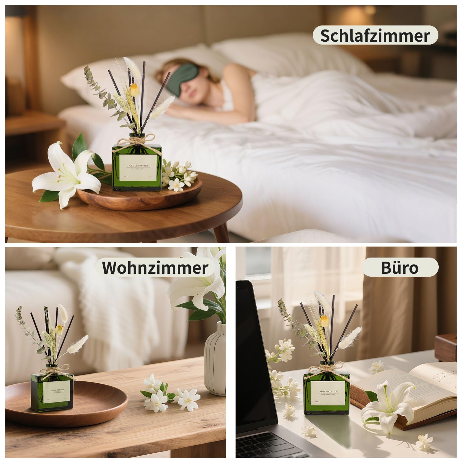 Blume Raumduft Diffuser für 120 Tage Büro,Aroma Diffuser Jasmin Duft mit 7 Duftstäbchen,Natürlich Langanhaltend Lufterfrischer für die Schlafzimmer, Raumdüfte für dekorative Wohnaccessoires 7