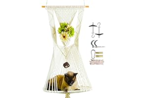 Macrame Cat Hammock Hanging Cat Bed with Flower Holder Macrame Cat Perch with Catnip Toy and Hanging Kit