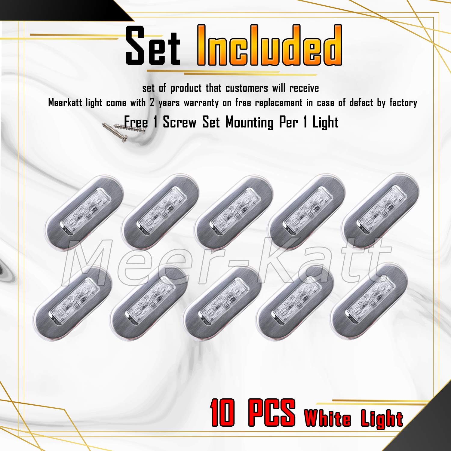 Meerkatt (Pack of 10) 3 Inch Oblong Amber LED Marine Courtesy Light Sealed Flush Mount Clearance Lamp for Yacht Stair Deck Garden Boat RV Cabin Truck Waterproof 12V DC with Chrome Stainless Bezel UV12