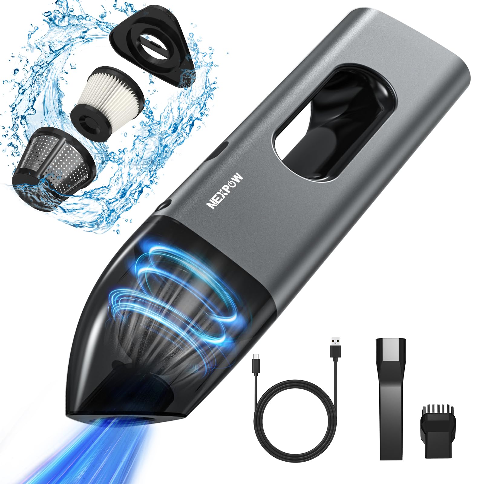 Photo 1 of NEXPOW Handheld Car Vacuum Cleaner High Power with Dual Filter,8000PA Compact Handheld Vacuum Cleaner,Hand held Vacuum Cordless Rechargeable for Car Interior Care in Gray Aluminum Alloy