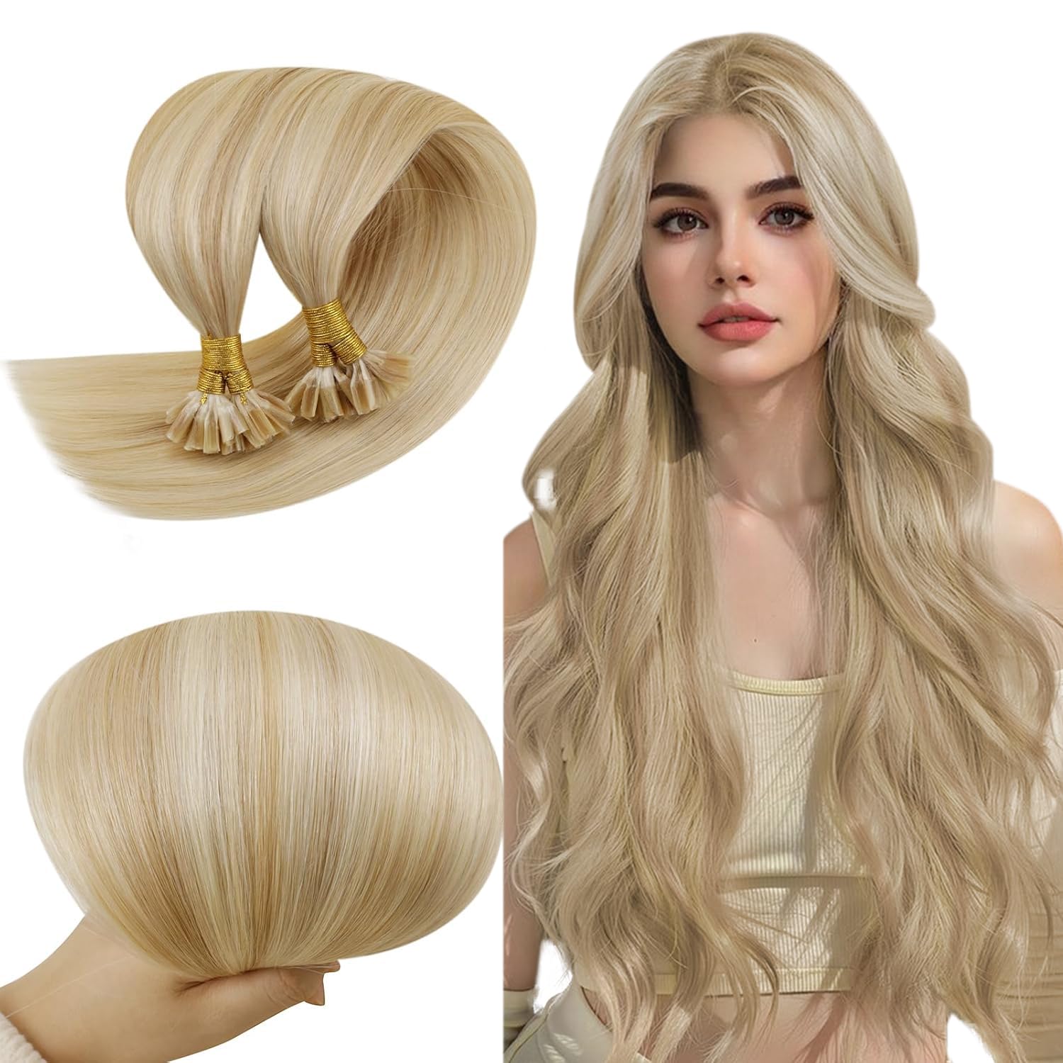 RUNATURE Blonde Hair Extensions U Tip Real Human Hair Highlight Ash Blonde Remy Straight U Tip Real Hair Extensions Hot Fusion for Invisible 14 Inch 50 Gram #18/613