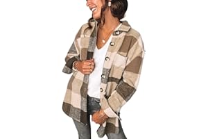 SHEWIN Womens Long Sleeve Plaid Shirts Flannel Lapel Button Down Shacket Jacket Coats