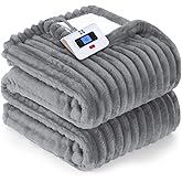 Sealy Electric Blanket Full Size, Soft Ribbed Flannel to Sherpa Reversible Heated Blanket with 10 Heat Settings & 1-12 Hours Auto-Off Overheat Protection, Machine Washable, 72"x84" Light Grey