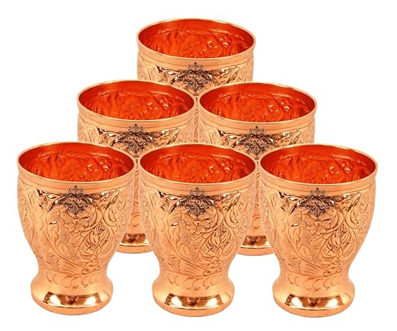 Indian Art Villa Copper Glass Tumbler Cup Set, Serving Water Home Restaurant Hotel, Good Health Benefits, 350 ML, Set of 6