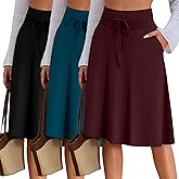 Neer 3 Pack Women's Knee Length Midi Skirts, Flowy Flared High Waisted A-Line Casual Drawstring Summer Skirts with Pockets