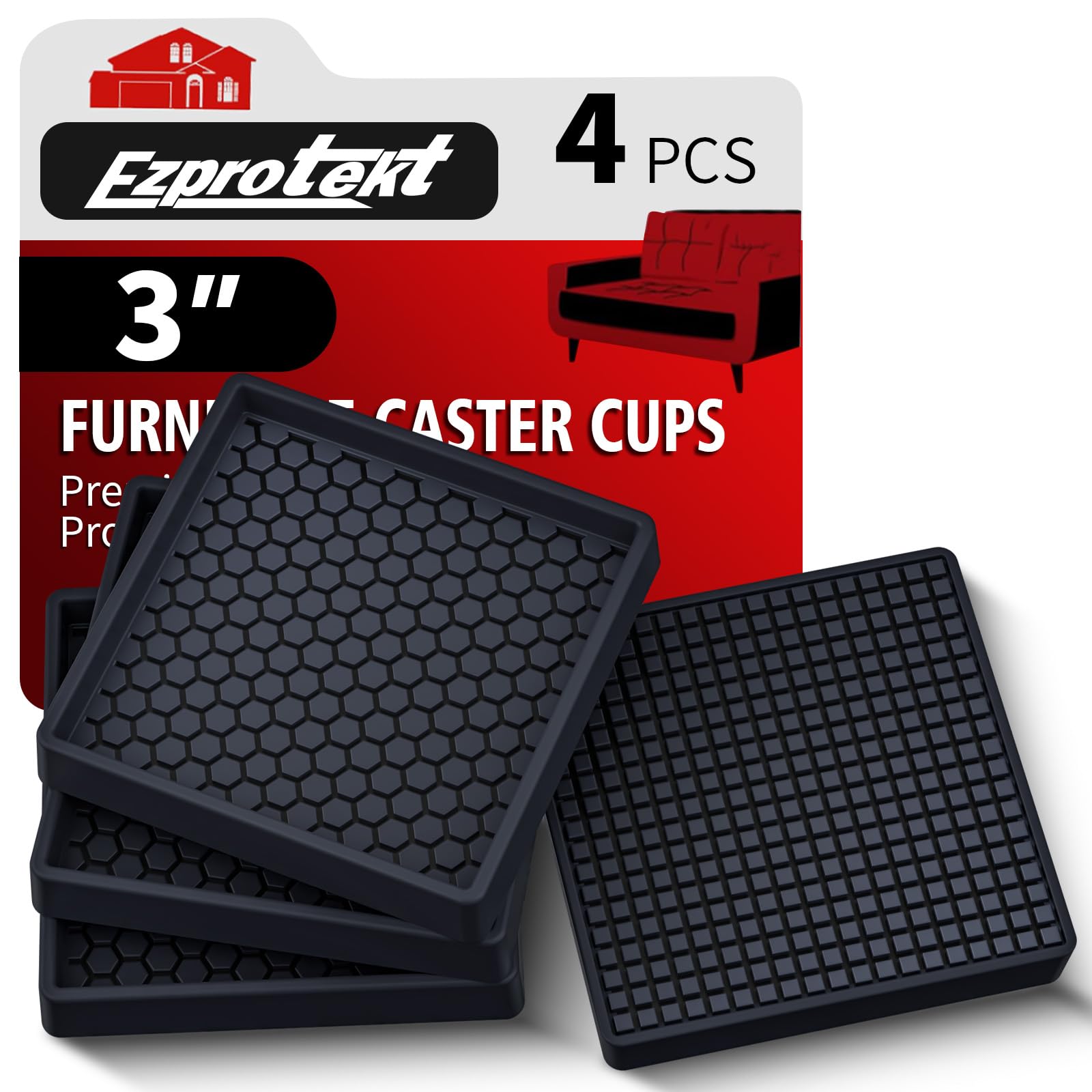Furniture Coasters - 3"x3" Non Slip Furniture Pads for Hardwoods Floors, 4 PCS Round Rubber Non Skid Furniture Caster Cups, Anti Slide Furniture Feet Floor Protectors for Bed Couch Stoppers (Black)